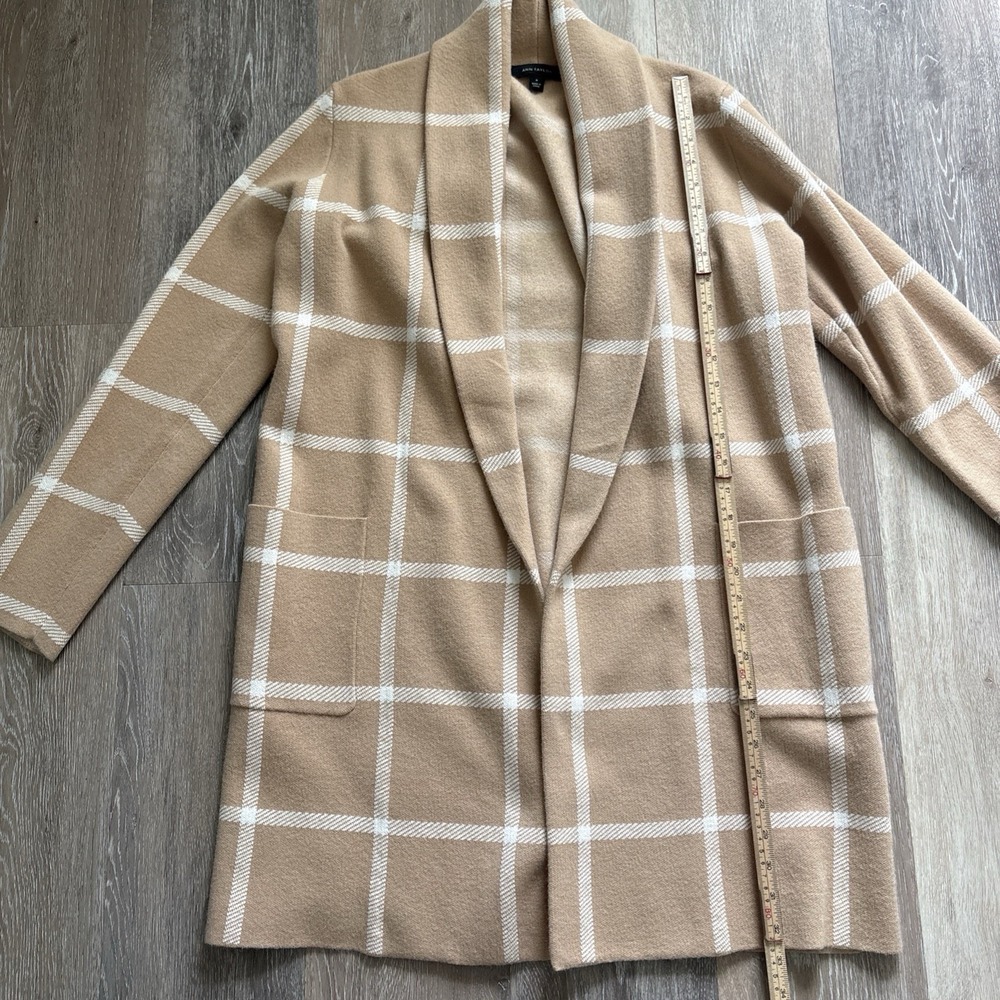 Ann Taylor Windowpane Plaid Long Cardigan Coatigan Camel And Cream Sweater M